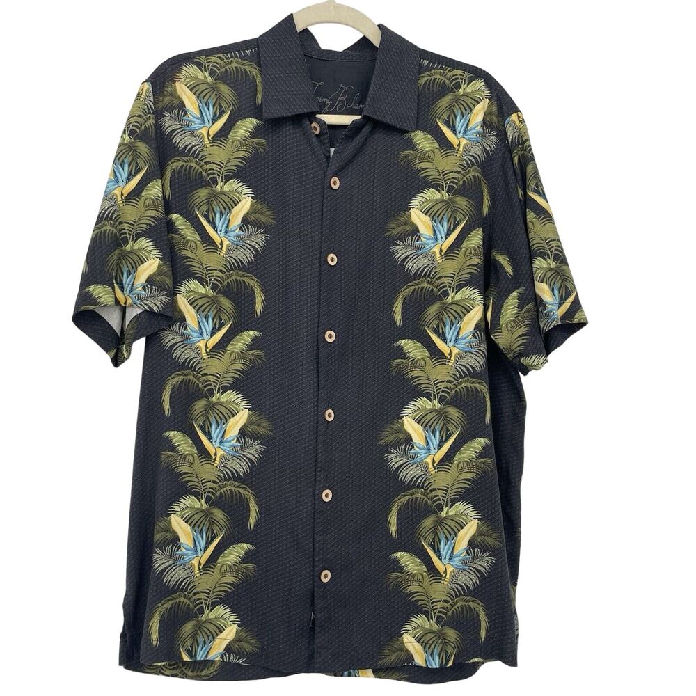 Tommy Bahama Size Small 100%‎ SILK Hawaiian Shirt Button Down Tropical Black